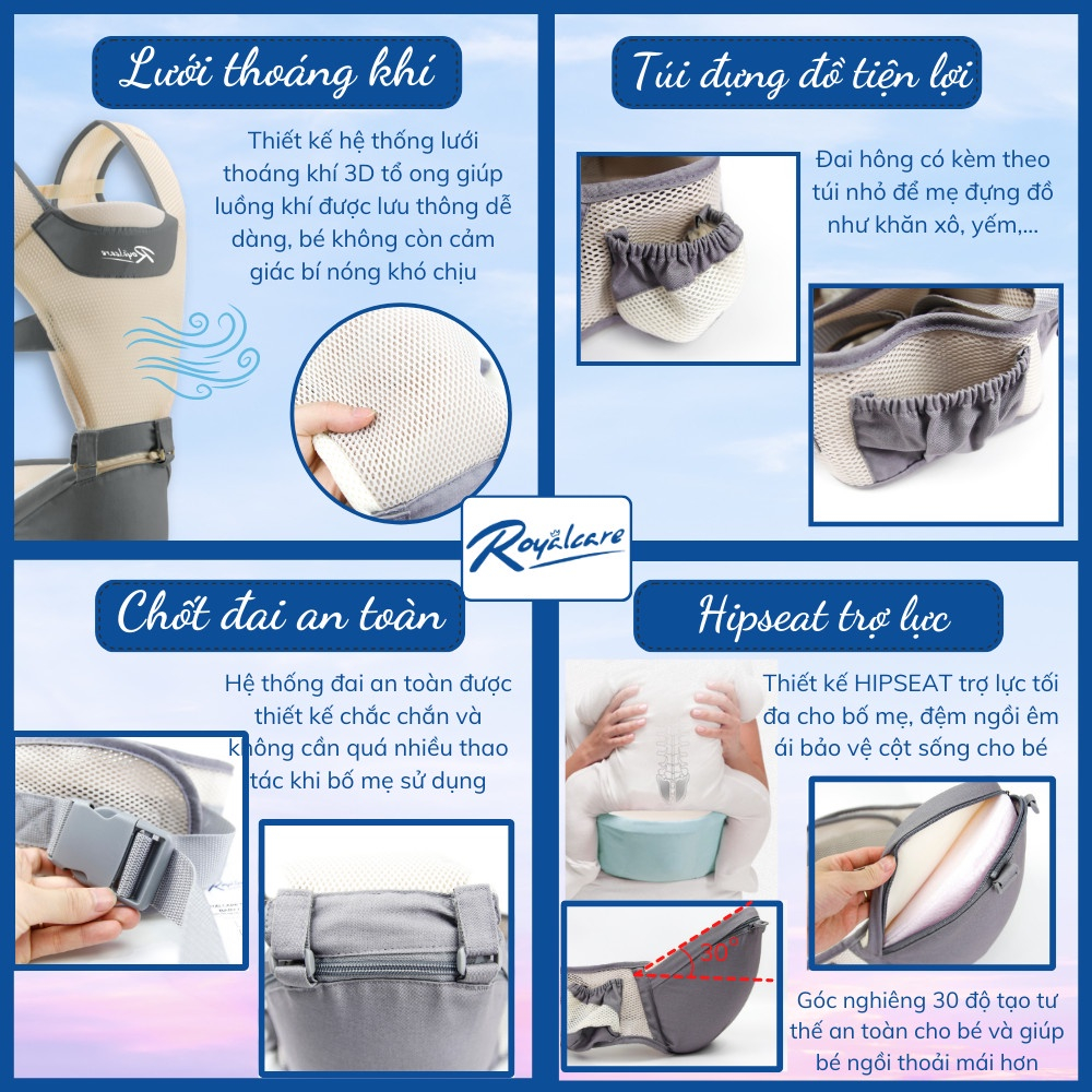 Địu em bé Royalcare cho bé 4 tư thế có bệ ngồi, lưới siêu thoáng Air mesh 🌸 𝑭𝒓𝒆𝒆𝒔𝒉𝒊𝒑 🌸
