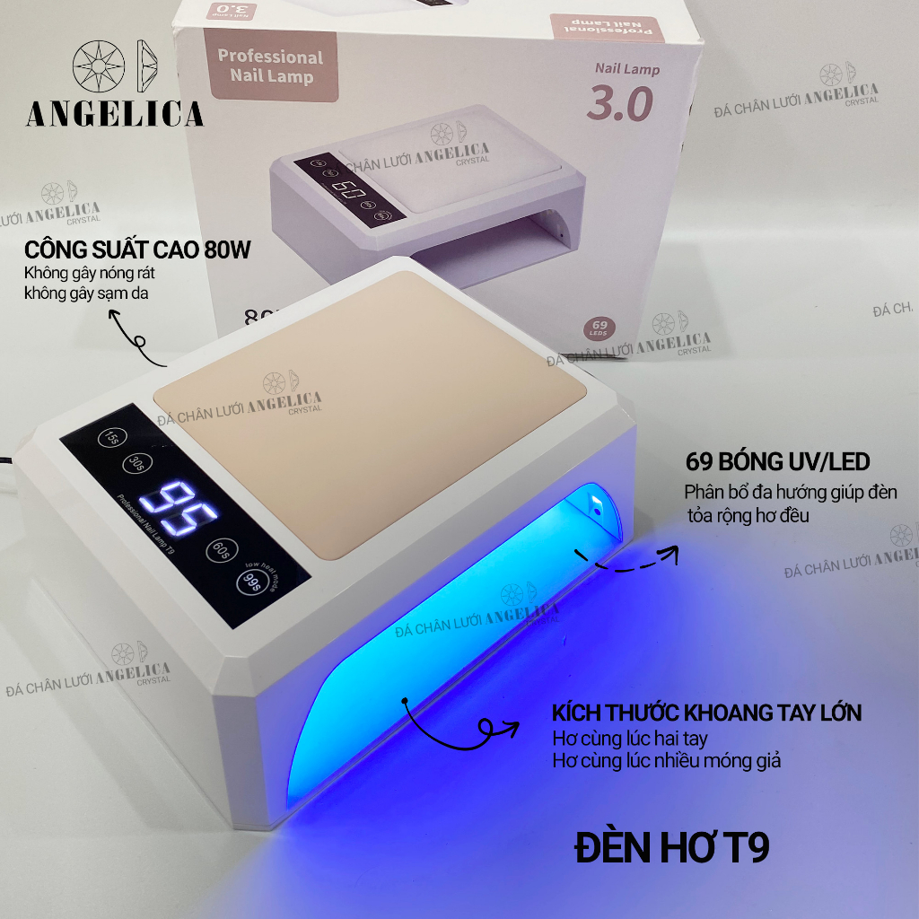 Máy hơ gel SNRQI T8 và T9 chính hãng LED/UV máy hơ móng làm nail khoang rộng, có đệm kê tay ANGELICA 72W 60 bóng