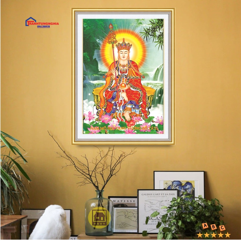 Tranh thêu chữ thập phật địa tạng vương bồ tát 60cm x 90cm