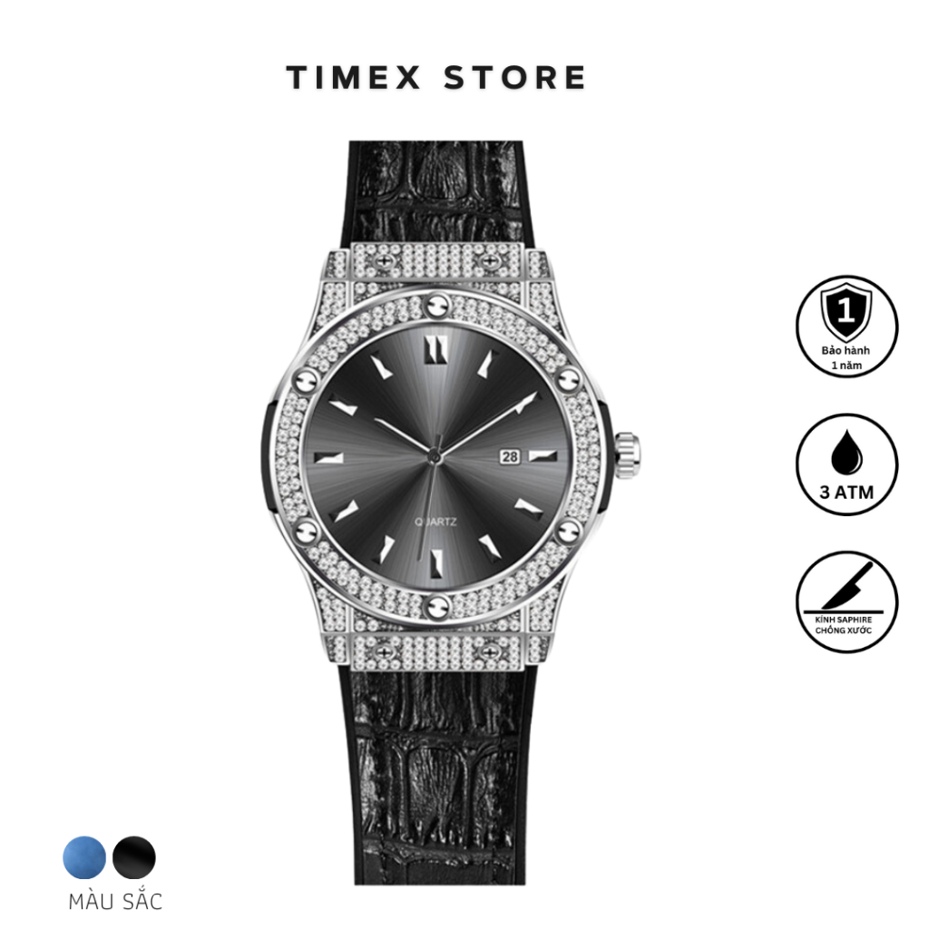 Đồng Hồ Nam Quatz Viền Đá Thời Trang Màu Xanh/Đen - Dây Da Bò Mềm - Kháng nước nhẹ, không dùng cho tắm rửa, đi bơi