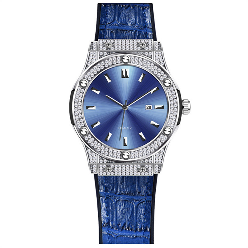 Đồng Hồ Nam Quatz Viền Đá Thời Trang Màu Xanh/Đen - Dây Da Bò Mềm - Kháng nước nhẹ, không dùng cho tắm rửa, đi bơi