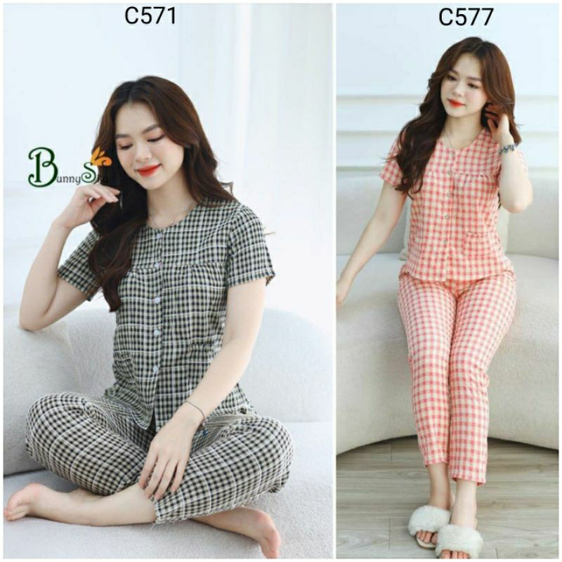 (Bunnysky) ĐỒ BỘ MẶC NHÀ, MẶC SAU SINH HỌA TIẾT KẺ CARO VẢI THÔ MỀM CỘC TAY