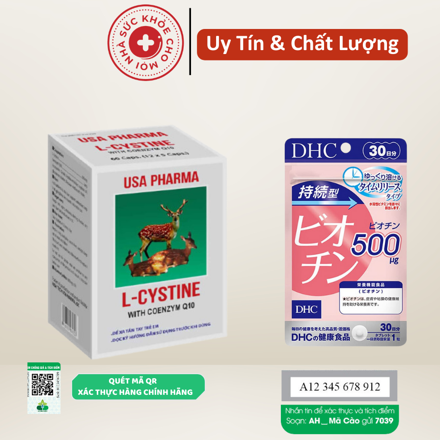Combo viên uống Lcystine 60 viên và DHC Biotin 30 viên giúp da sáng mịn chăm sóc tóc chắc khỏe suckhoechomoinha