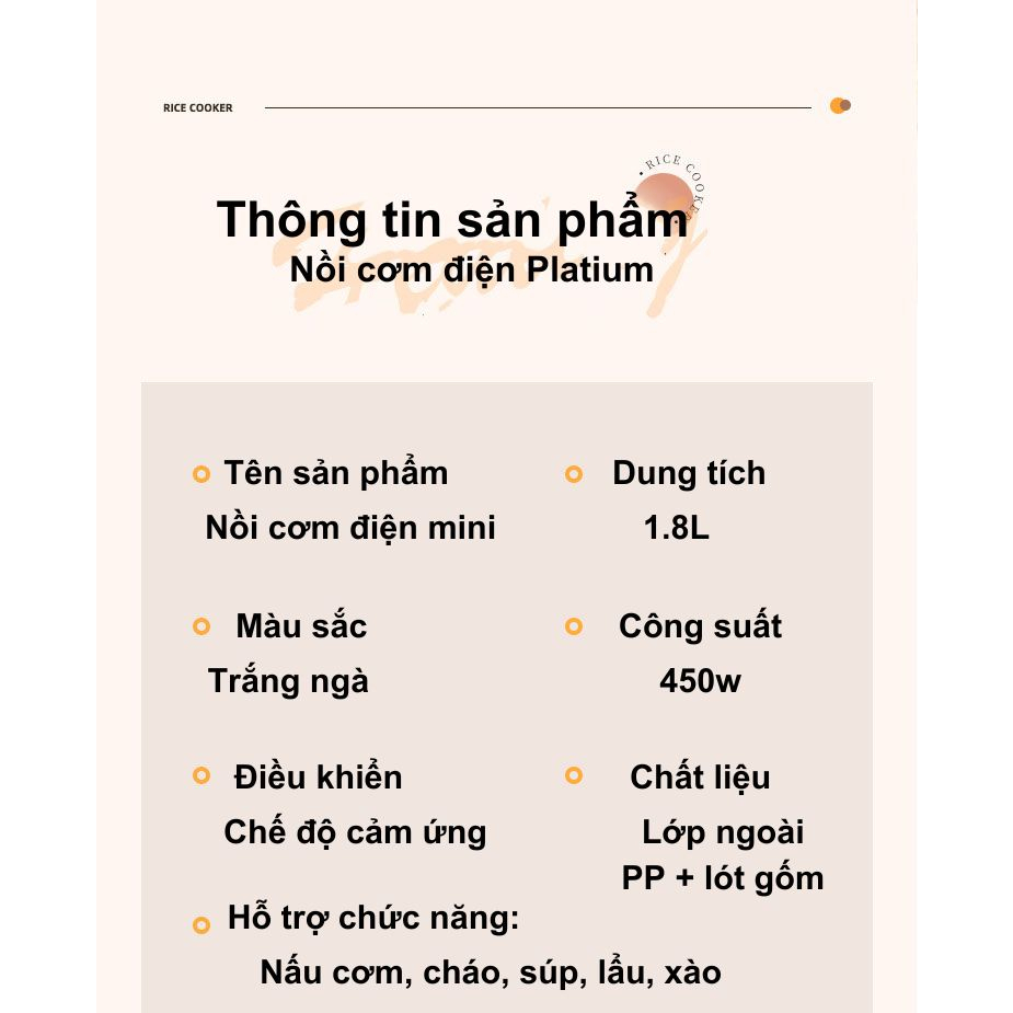Nồi cơm điện mini dung tích 1,8L phù hợp 1-2 người, nồi nấu đa năng chống dính hầm hấp luộc dễ dàng vệ sinh