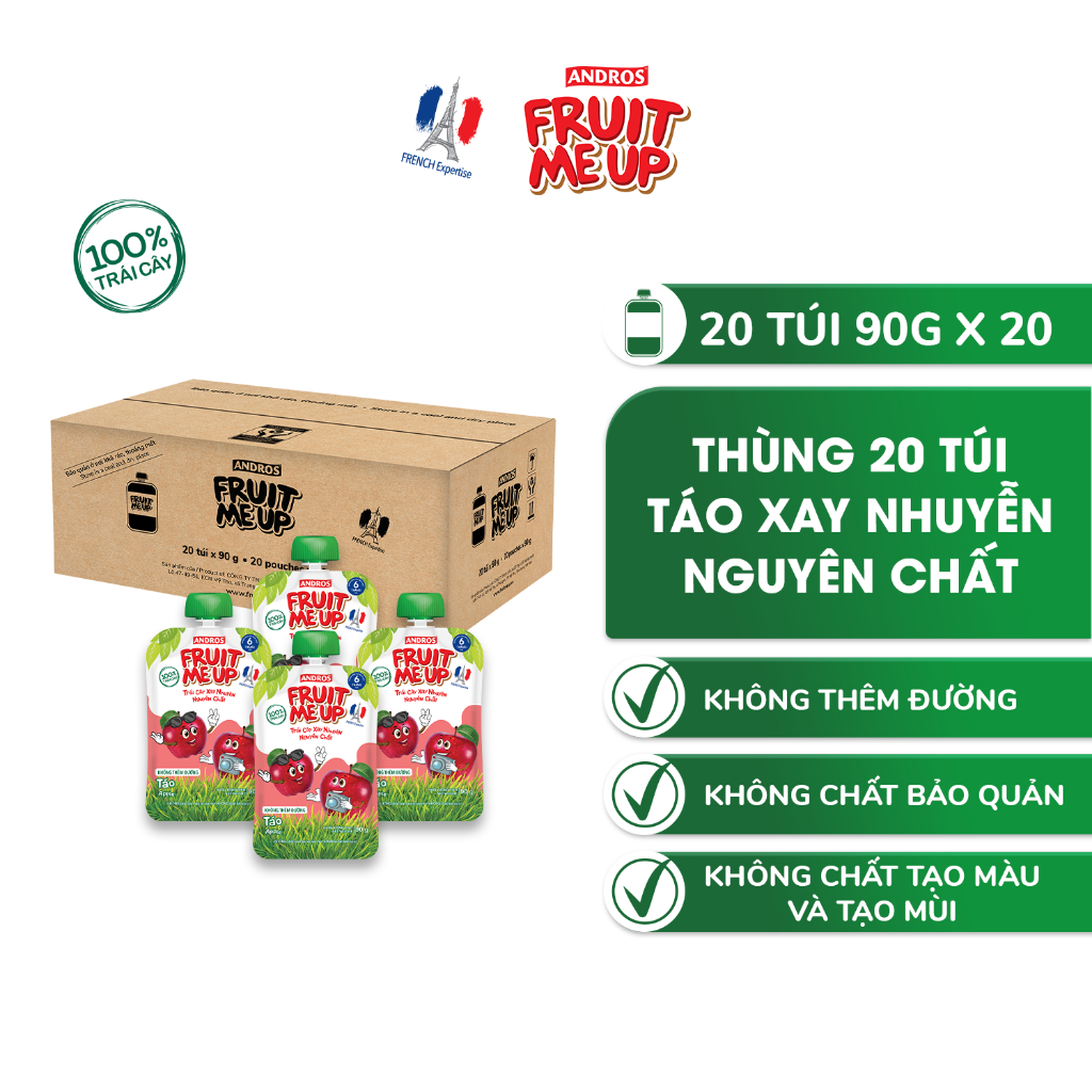 Thùng 20 Túi Trái Cây Xay Nhuyễn Vị Táo - 100% trái cây thật - ANDROS FRUIT ME UP - 90gx20