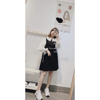 Set váy nữ áo sơ mi tay bèo, váy đen suông babydoll