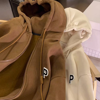 Áo Hoodie nữ zip unisex, khoác bomber nỉ bông Ulzzang thêu chữ P, mũ áo trùm đầu 2 lớp, thân 1 lớp phong cách Hàn Quốc
