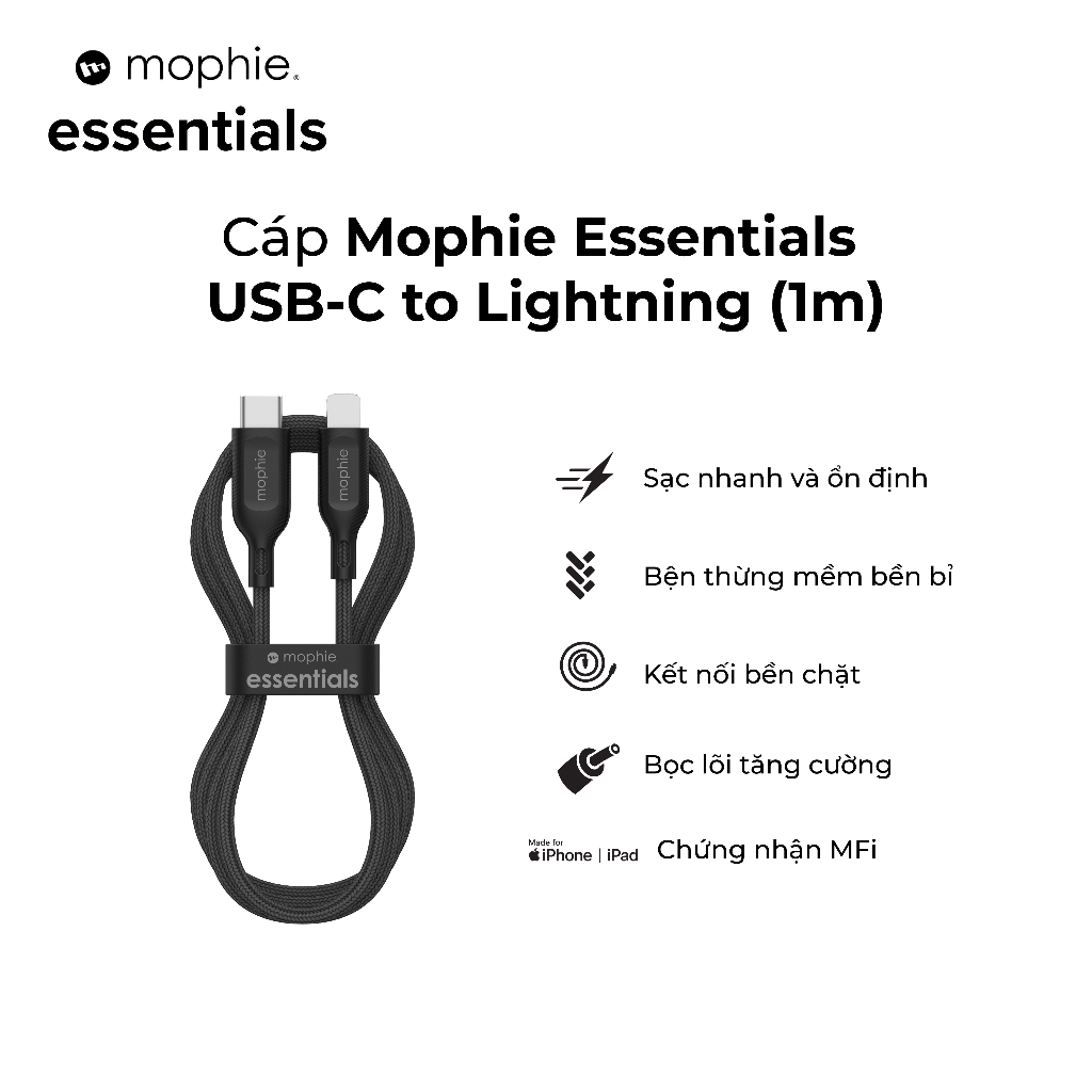 Cáp Mophie Essentials USB-C to LNing 1M/2M dành cho iP