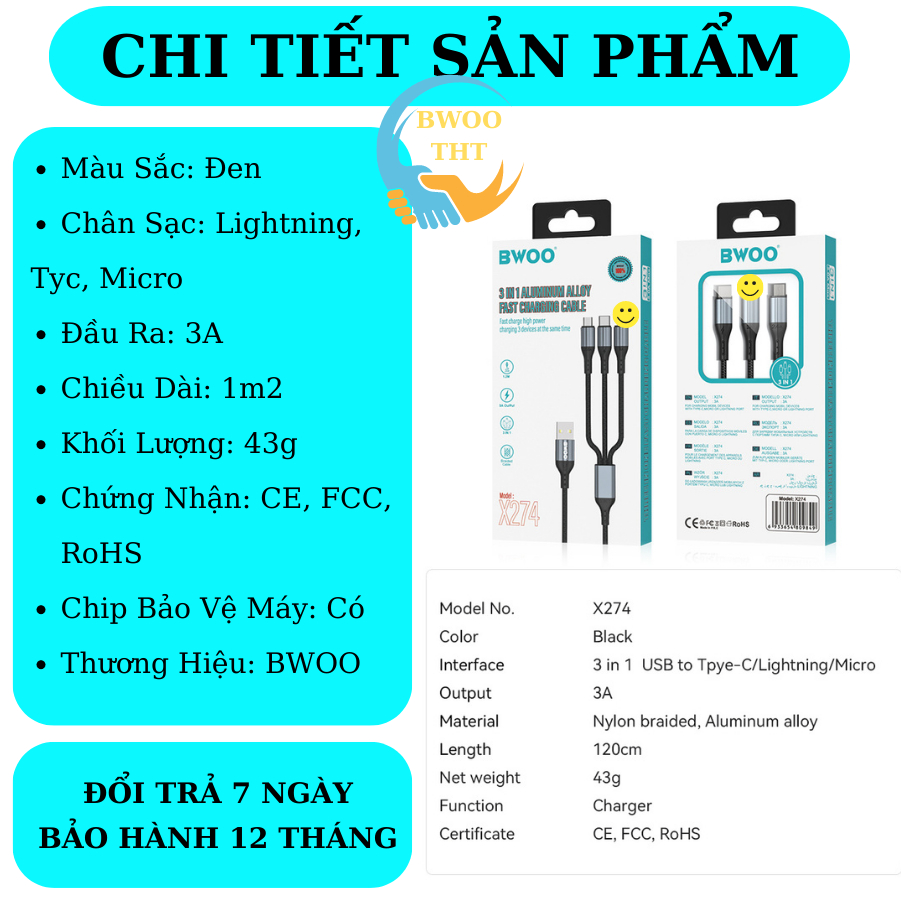 Cáp sạc nhanh 3 đầu Bwoo BO-X274 | sạc cùng lúc 3 thiết bị | sạc nhanh 3A Bh 12 tháng
