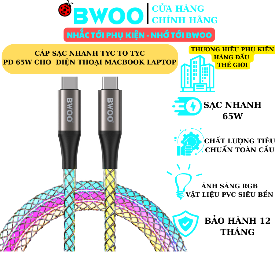 Dây Sạc Nhanh Tyc To Tyc  BWOO Cáp Sạc Nhanh Phát Sáng Cho Samsung Oppo Xiaomi Vivo..Laptop Macbook