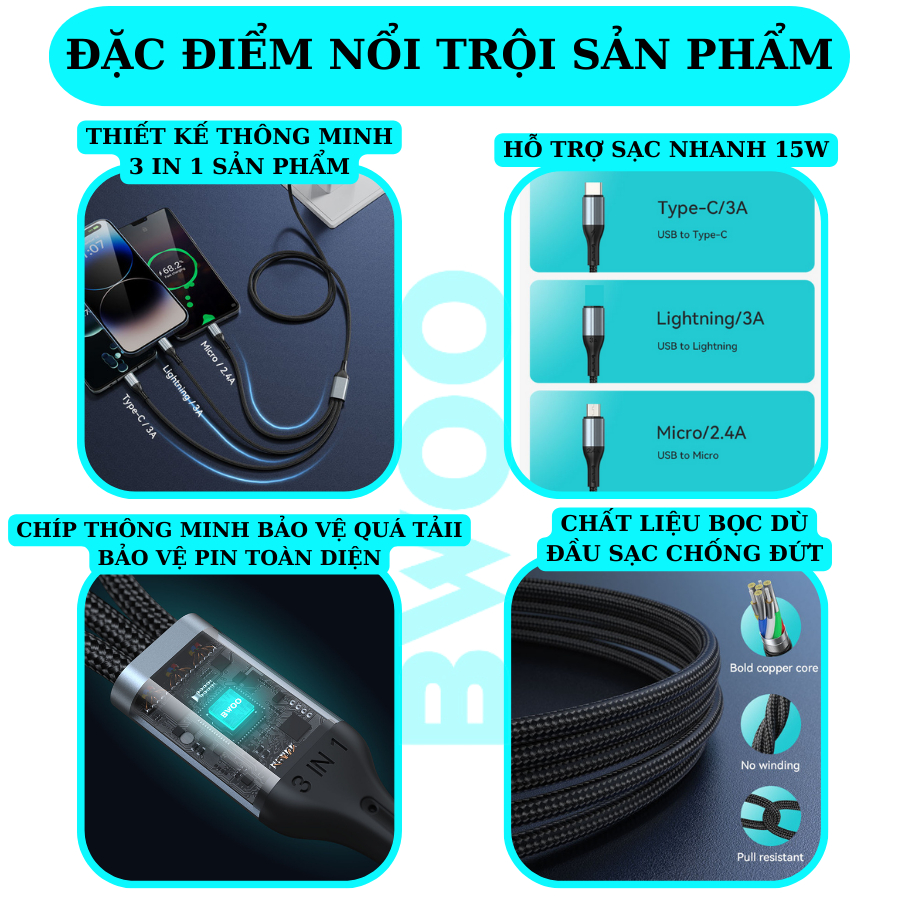 Cáp sạc nhanh 3 đầu Bwoo BO-X274 | sạc cùng lúc 3 thiết bị | sạc nhanh 3A Bh 12 tháng