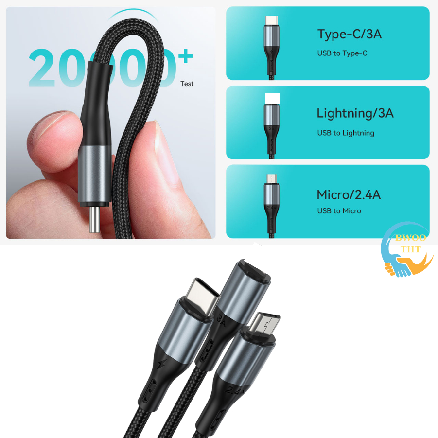 Cáp sạc nhanh 3 đầu Bwoo BO-X274 | sạc cùng lúc 3 thiết bị | sạc nhanh 3A Bh 12 tháng