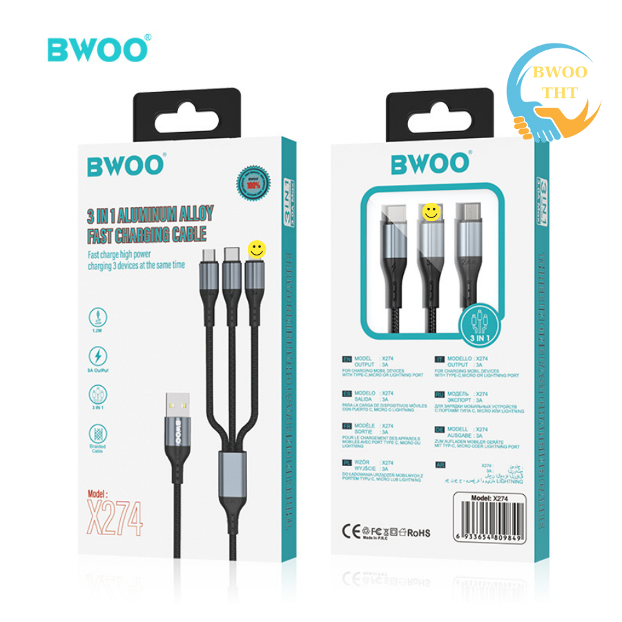 Cáp sạc nhanh 3 đầu Bwoo BO-X274 | sạc cùng lúc 3 thiết bị | sạc nhanh 3A Bh 12 tháng