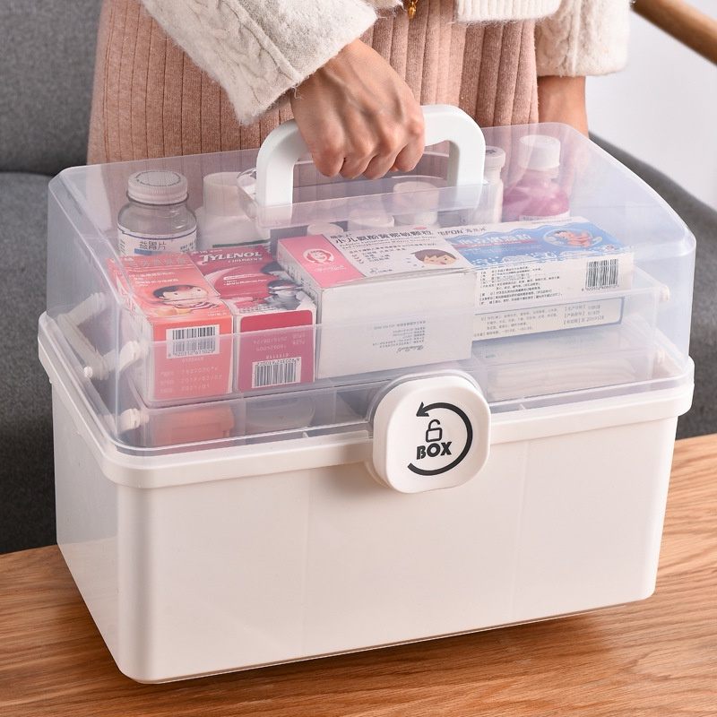 Hộp đựng thuốc gia đình 3 tầng phân loại các loại thuốc, có tay cầm và khoá hộp chắc chắn, chất liệu pp siêu bền
