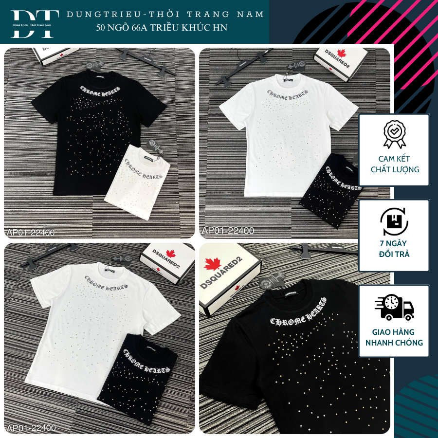 Áo Thun Nam Nữ Chrome Hearts Hoạ Tiết Đính Đá Chấm Bi Hình Chữ Viền Cổ Siêu Đẹp