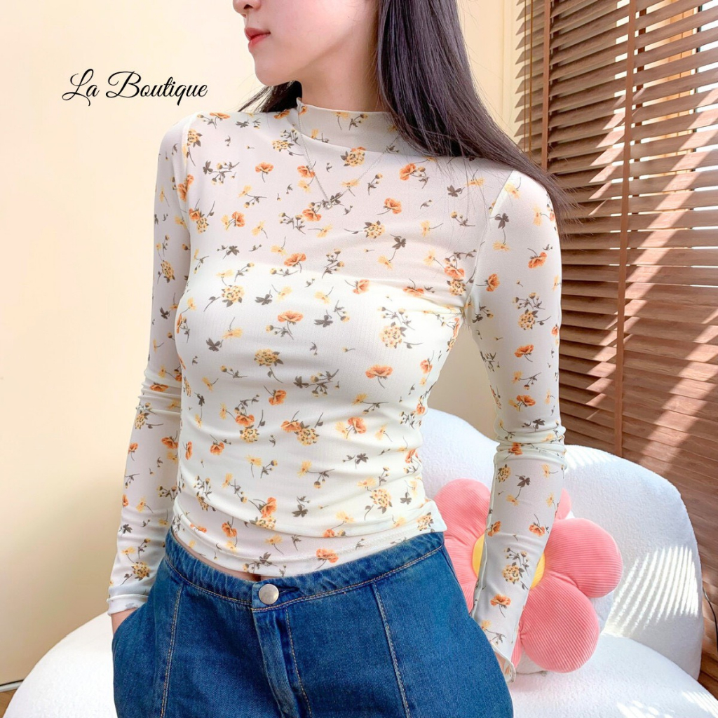 Áo Kiểu Xuyên Thấu La Boutique Tay Dài Cổ Cao Họa Tiết Hoa Ôm Gọn