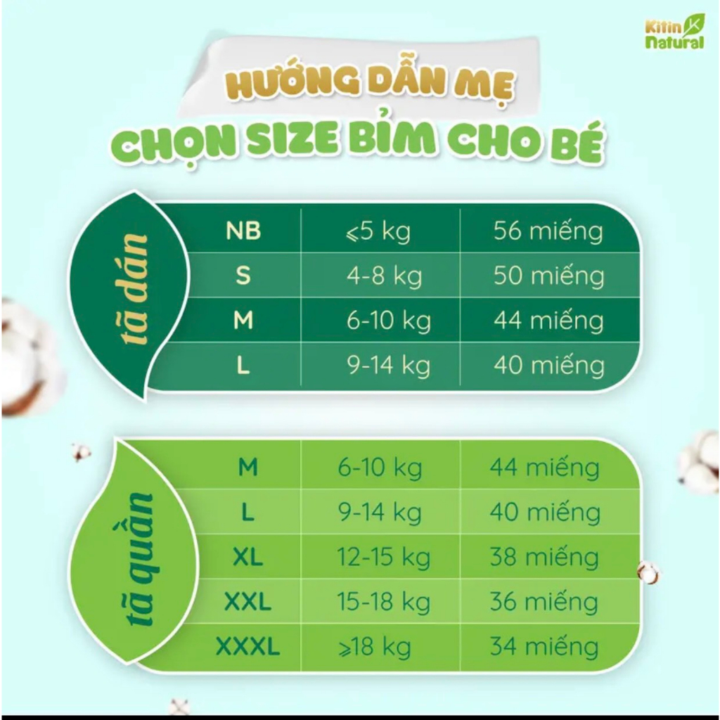 Bỉm Quần/ Dán Kitin Natural S50/DM44/M44/L40/XL38/XXL36/XXXL34