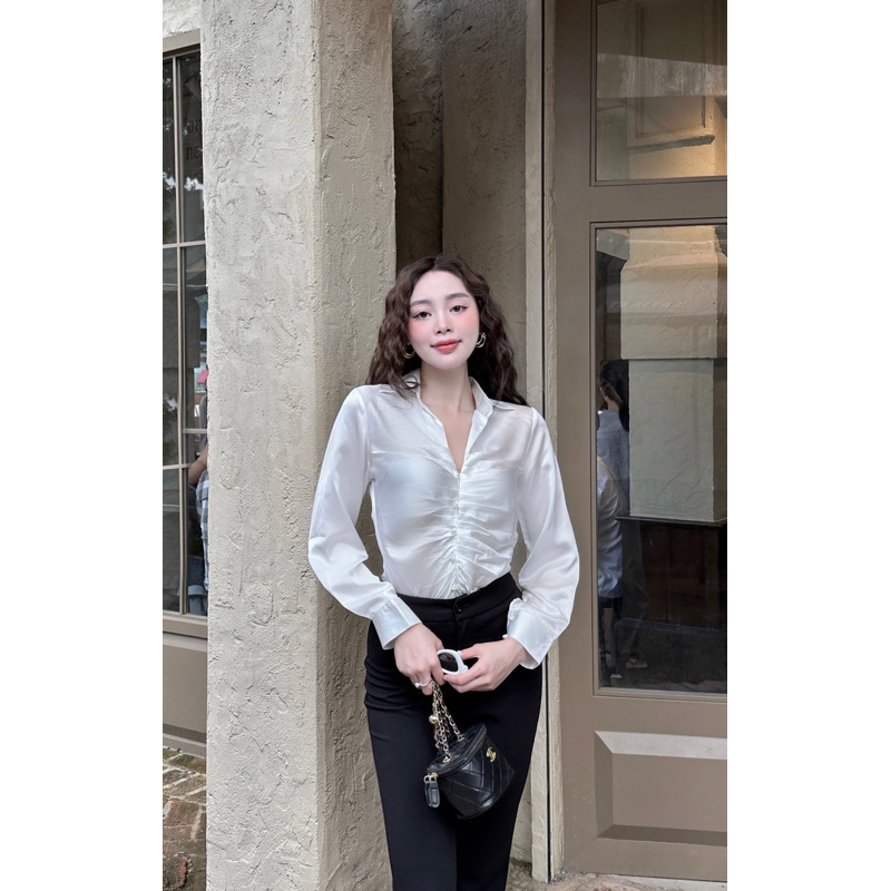 Sơ mi nữ satin nhún ngực sang xịn