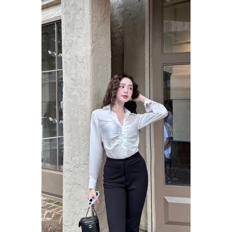 Sơ mi nữ satin nhún ngực sang xịn