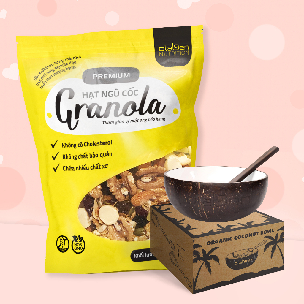 Olaben Nutrition combo 1 túi granola 500g+ 1 bộ chén muỗng gáo dừa