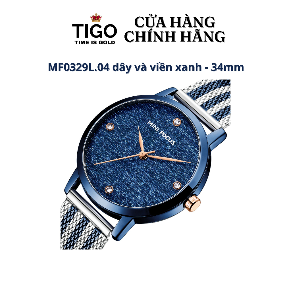 Đồng Hồ Nữ MINI FOCUS MF0329L.04 Dây Thép Xanh Viền Xanh Thép Không Gỉ Cao Cấp Mặt Tròn Đường Kính 34mm Chống Nước