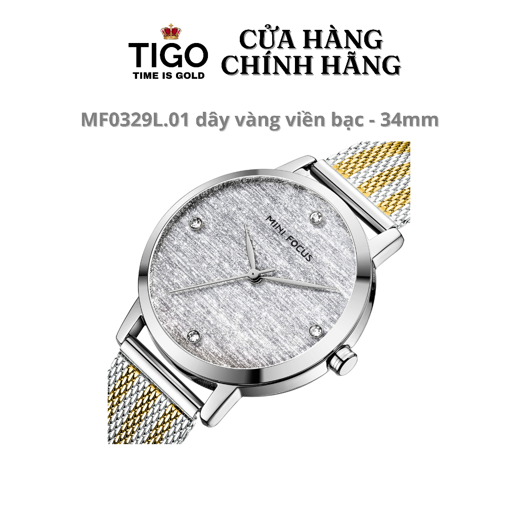 Đồng Hồ Nữ MINI FOCUS MF0329L.01 Dây Thép Vàng Viền Bạc Thép Không Gỉ Cao Cấp Mặt Tròn Đường Kính 34mm Chống Nước