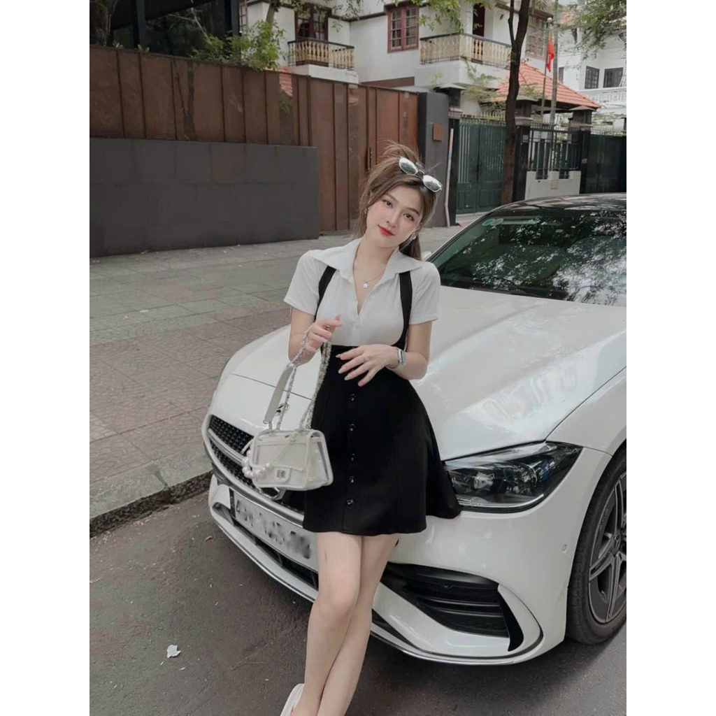 Set đầm váy nữ umi kiểu yếm phối áo sơ mi tay ngắn dáng xòe đính nút dễ thương, đầm yếm cổ bẻ phối màu trắng mtb