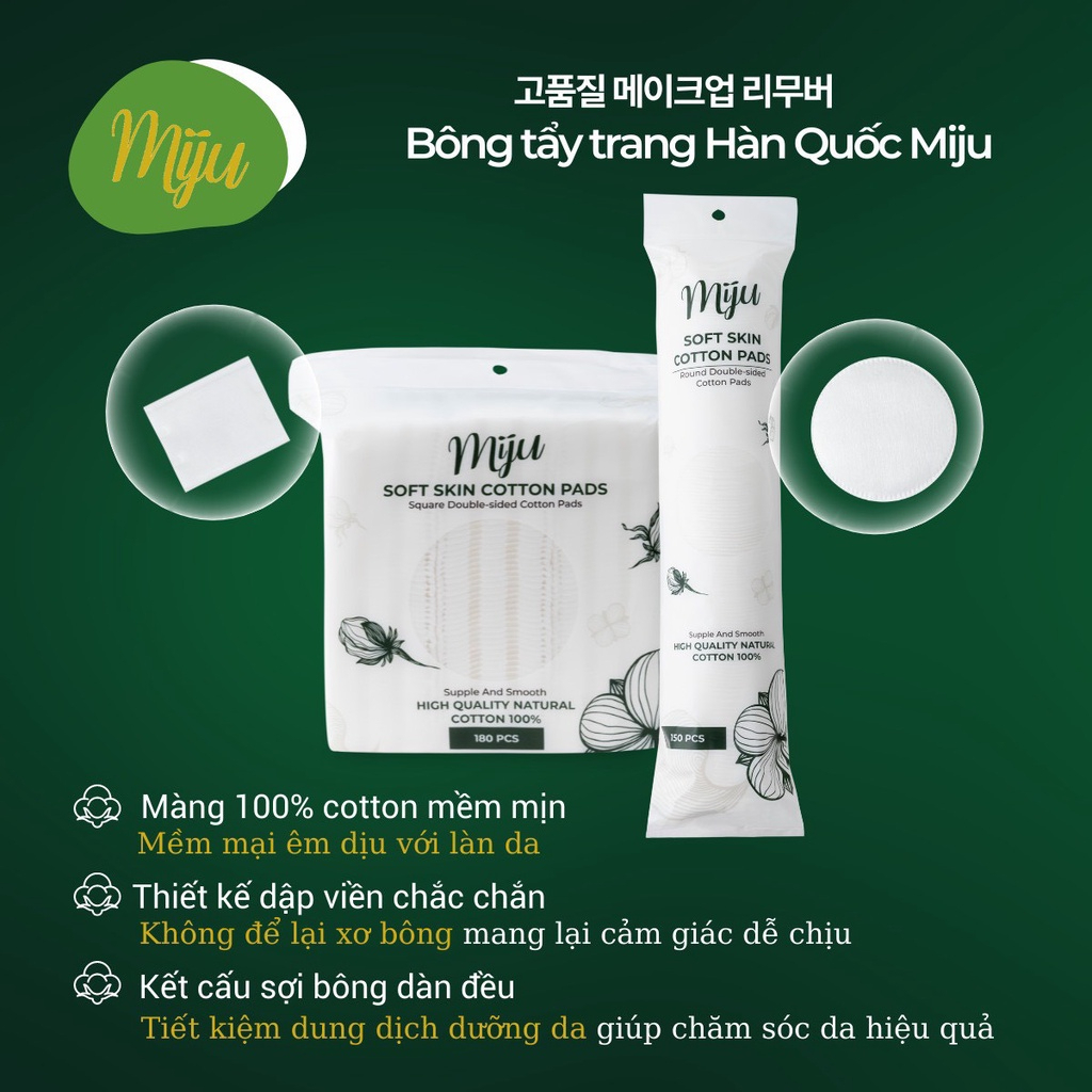 Bông Tẩy trang Cao Cấp MIJU Hàn Quốc Cotton 3 Lớp Mềm Mịn Không Sơ Bông Nacobeauty 150 - 180 Miếng