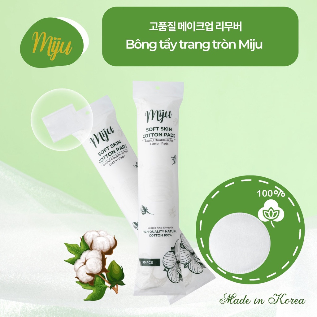 Bông Tẩy trang Cao Cấp MIJU Hàn Quốc Cotton 3 Lớp Mềm Mịn Không Sơ Bông Nacobeauty 150 - 180 Miếng