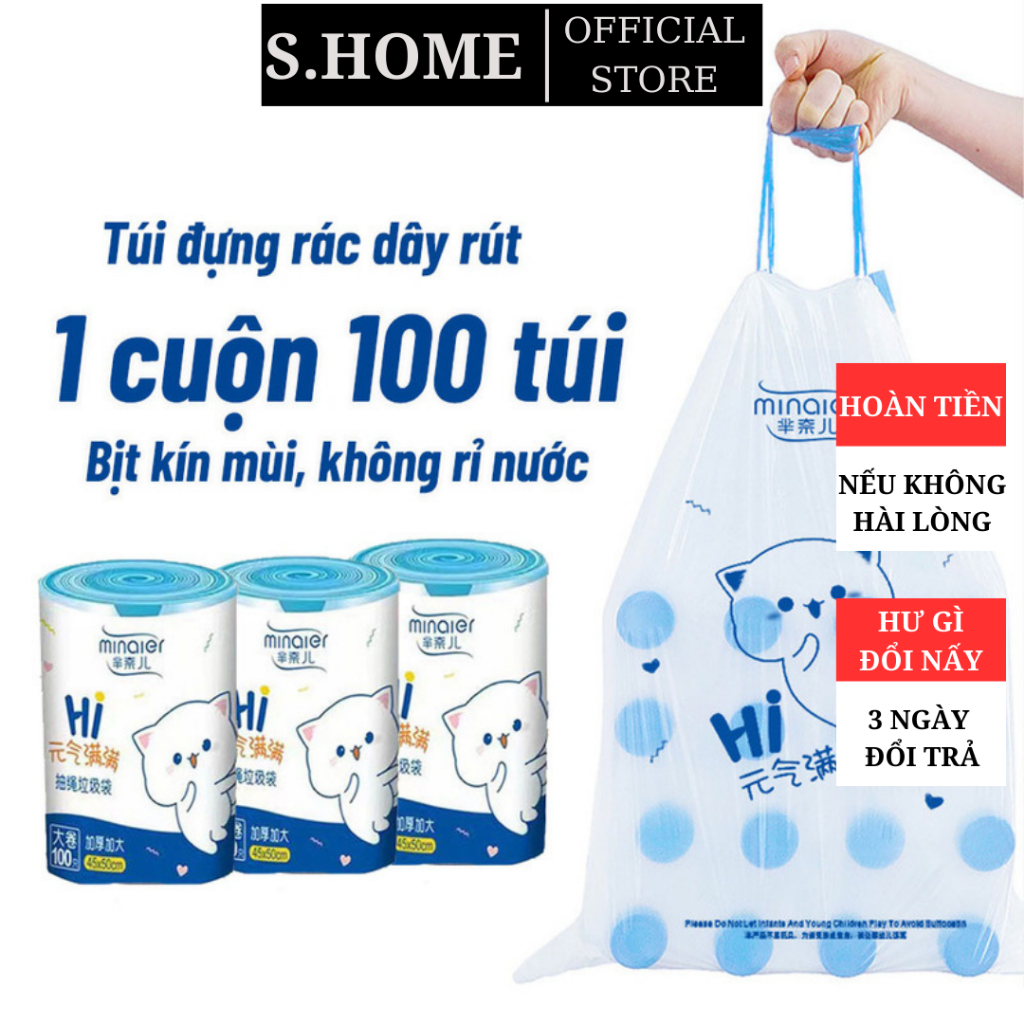 Túi đựng rác có quai tự phân hủy Minaier S.HOME túi đựng rác có dây rút tự hủy sinh học cuộn 100 túi 45*50cm siêu dai