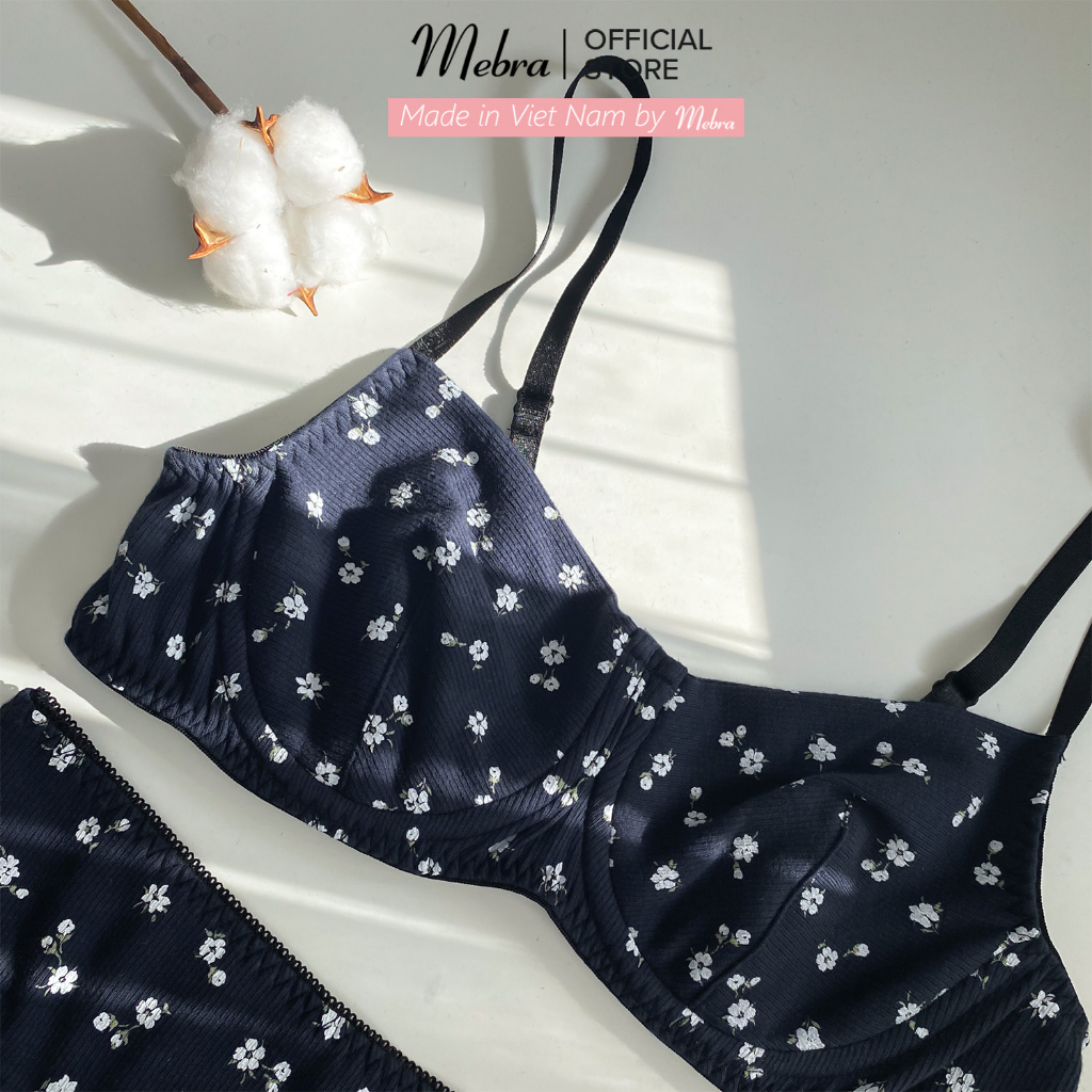 DORIS| Set Đồ Lót Cotton Gân Nữ Có Gọng Dày Dặn Không Lộ Xanh Đậm Hoa Nhí Trắng Mát Mẻ Mùa Hè Mebra