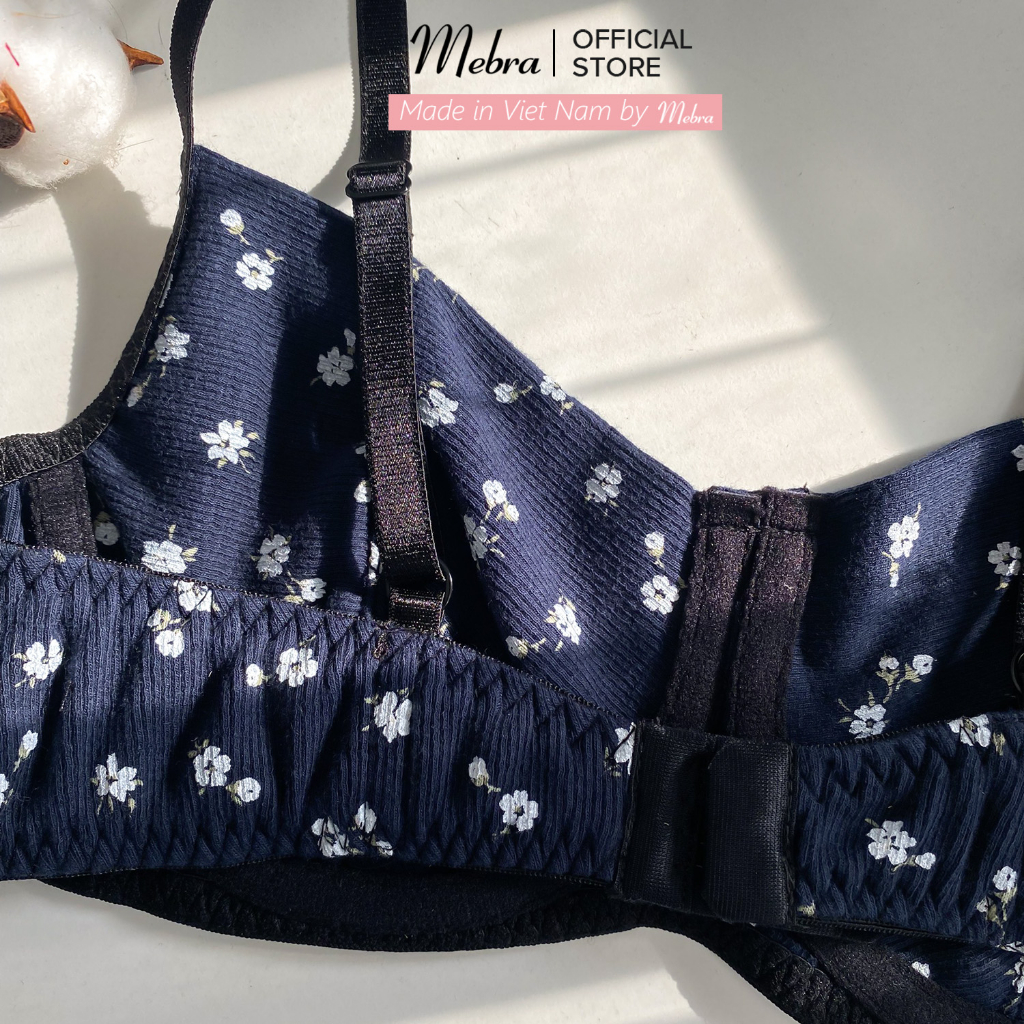 DORIS| Set Đồ Lót Cotton Gân Nữ Có Gọng Dày Dặn Không Lộ Xanh Đậm Hoa Nhí Trắng Mát Mẻ Mùa Hè Mebra