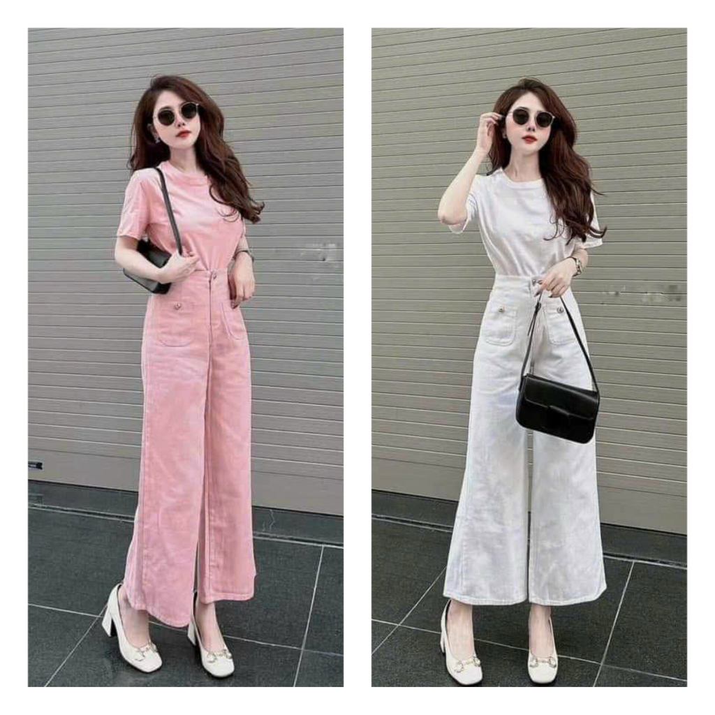 Set Bộ Đồ Nữ Thời Trang Áo Thun Gân Trơn Tay Ngắn Mix Quần Kaki Ống Rộng 2 Túi Đính Nút Cá Tính