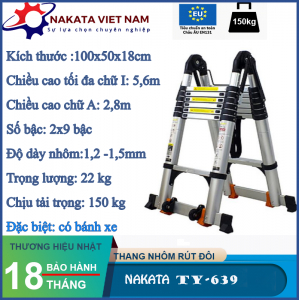 Thang nhôm rút đôi chữ A NAKATA 5m6 - TY639 ( Đai đen)