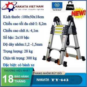 Thang nhôm rút đôi chữ A NAKATA 8m2 - TY642 ( Đai đen)