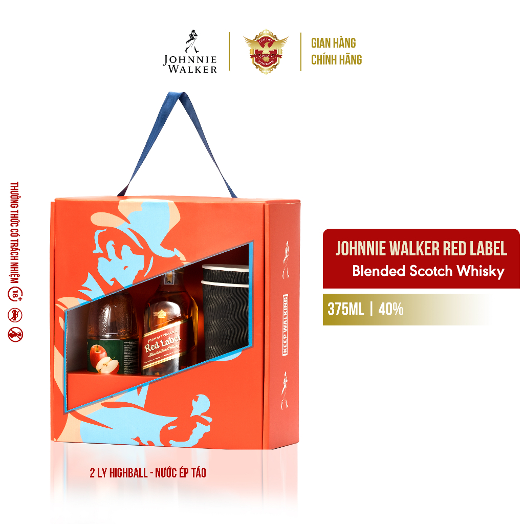 Combo Rượu Johnnie Walker Red Label Blended Scotch Whisky 40% 375ml [Kèm Nước Ép Táo & Ly Highball]