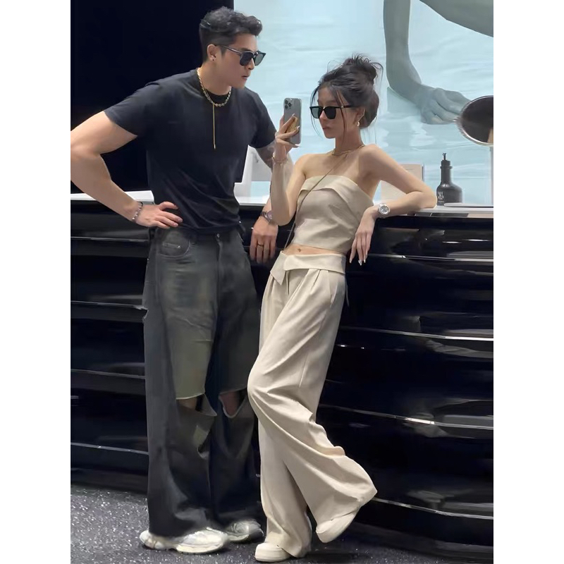 Set áo croptop quây đan dây lưng kèm quần cạp cao ống rộng|Tách set - Croptopshouse SGGz