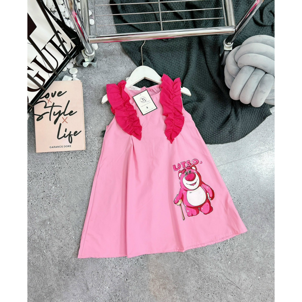 Váy gấu dâu lotso mềm mát may tay bèo điệu đà cho bé gái