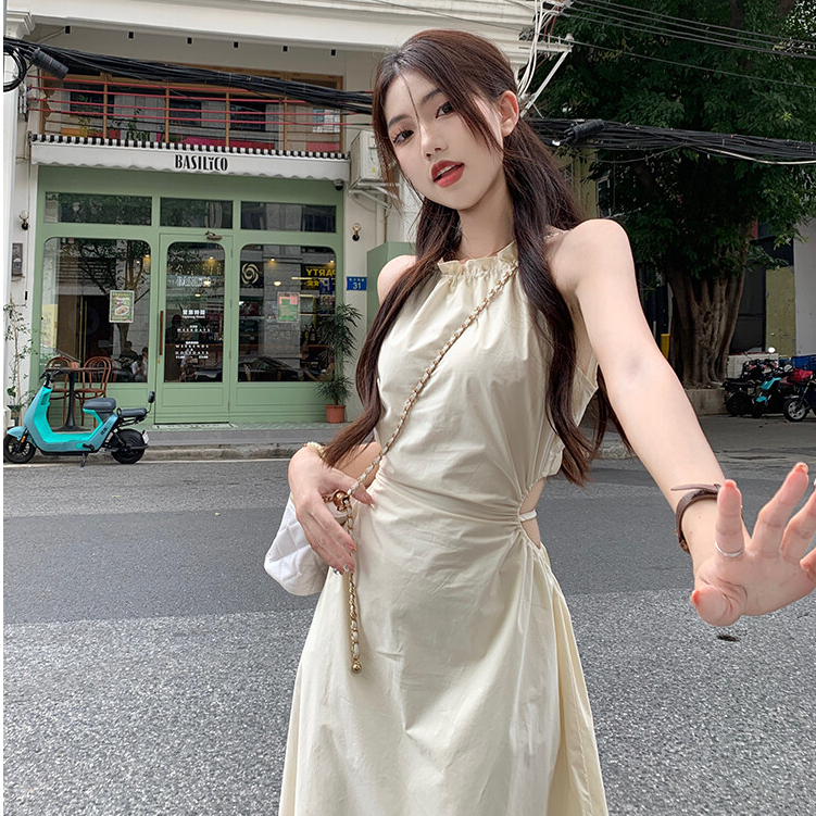 Váy maxi suông dài cổ yếm không tay cột dây cá tính, chất liệu lụa mềm cao cấp siêu nữ tính thanh lịch