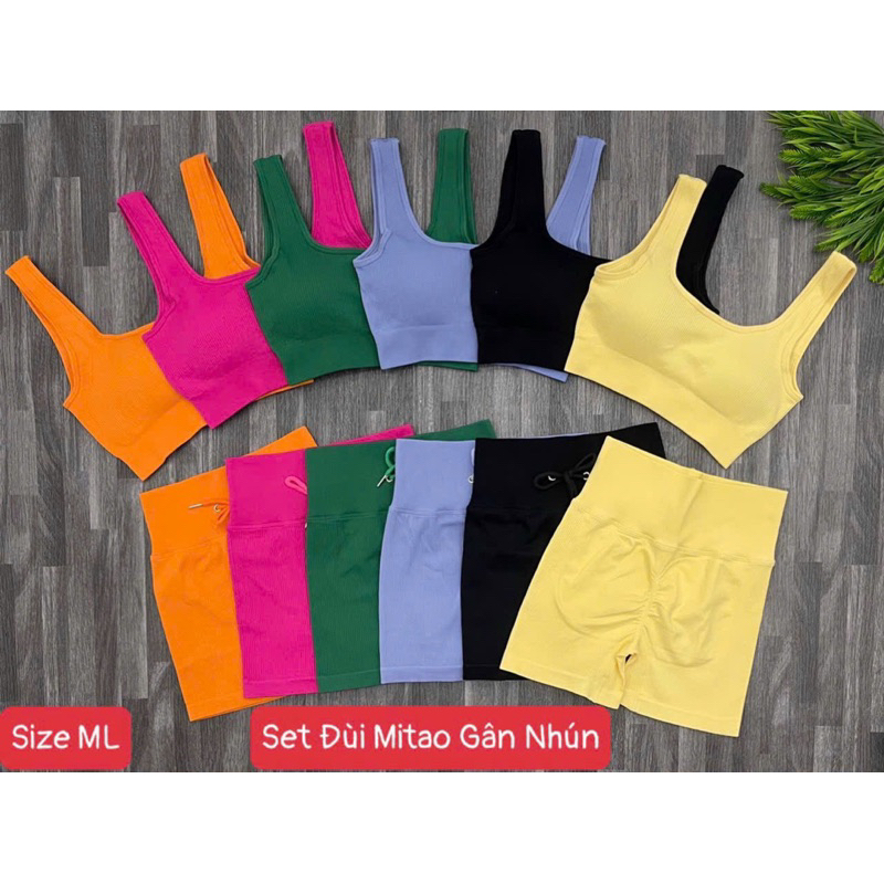 Bộ Tập Gym Yoga Nữ Mitao Quần Đùi Kèm Áo Bra Vải Dệt Gân Nhún Mông