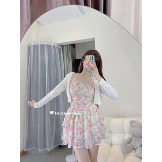 (Ảnh Thật) Set Đầm Hoa Cột Nơ Kèm Áo Khoác Thun Croptop Hèo Chinh Chắn