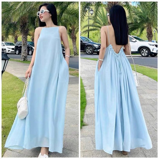 Đầm maxi xanh đi biển hở lưng có may kèm mút ngực