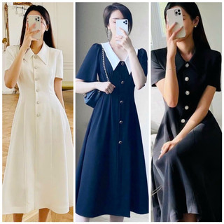 Đầm cổ vest nút ngọc 3 màu, váy công sở vnxk (kèm hình thật)