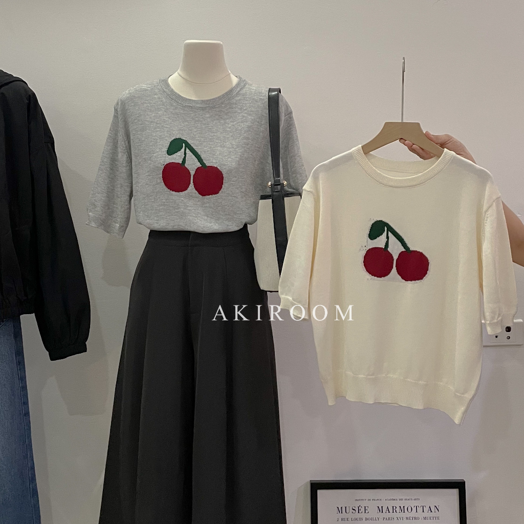 Áo len mỏng hình cherry tay bo cổ tròn