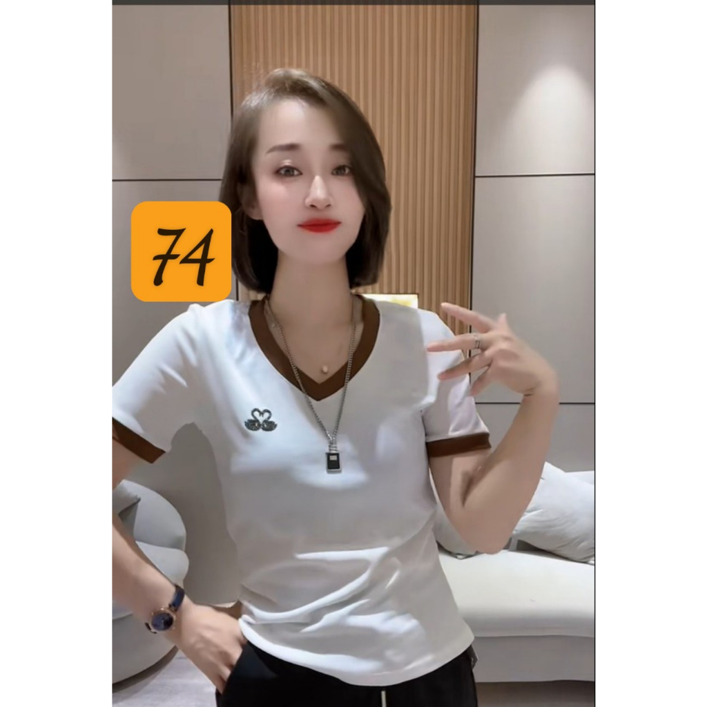 Áo Thun Nữ Cổ Tim Vải Cotton Phông Tay Ngắn In Logo Thiên Nga