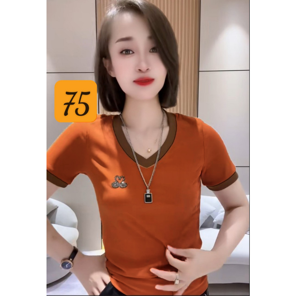 Áo Thun Nữ Cổ Tim Vải Cotton Phông Tay Ngắn In Logo Thiên Nga