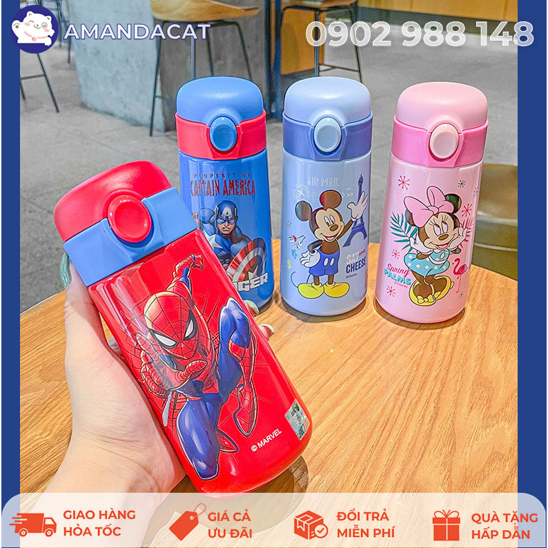Hỏa Tốc - Bình giữ nhiệt siêu anh hùng MARVEL Spiderman/Captain/Minnie 420ml chính hãng Disney, chất liệu SUS316 an toàn