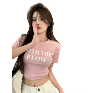 [Shop Thủy Mèo] Áo thun body nữ croptop tay ngắn in chữ WITH THE FLOW form nhỏ hotgirl TU