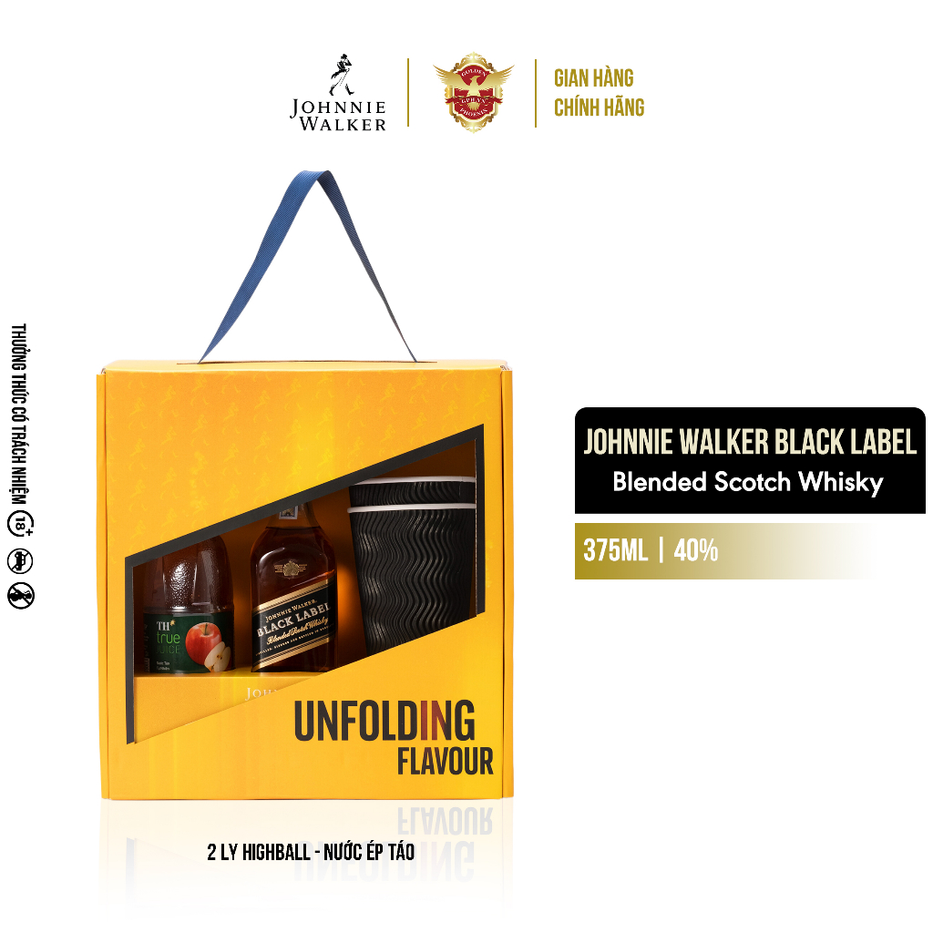 Combo Rượu Johnnie Walker Black Label Blended Scotch Whisky 40% 375ml [Kèm Nước Ép Táo & Ly Highball]