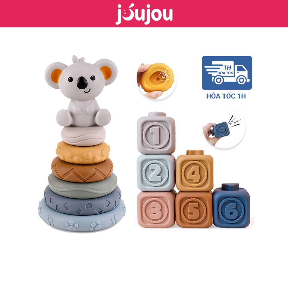Đồ chơi tháp xếp chồng tròn gấu và xếp hình khối cao cấp JuJou giúp trẻ phát triển đa giác quan